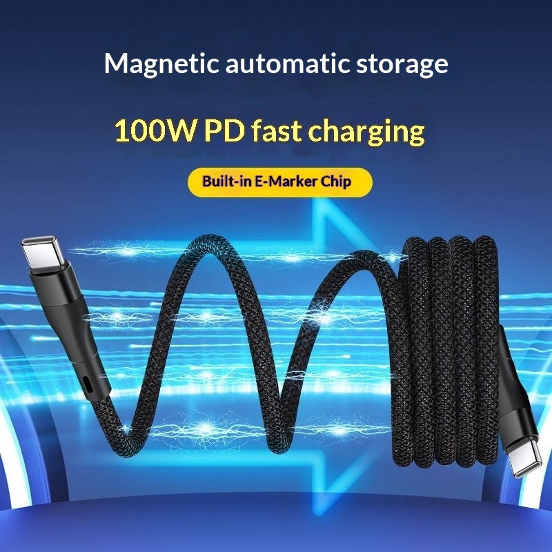 Magnetic charging cable organiser clips – supplier infographic showing 100W PD cable with magnetic coiled storage