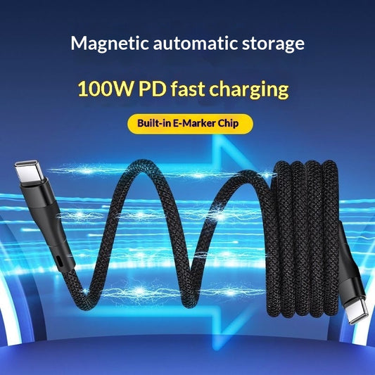 Magnetic charging cable organiser clips – supplier infographic showing 100W PD cable with magnetic coiled storage