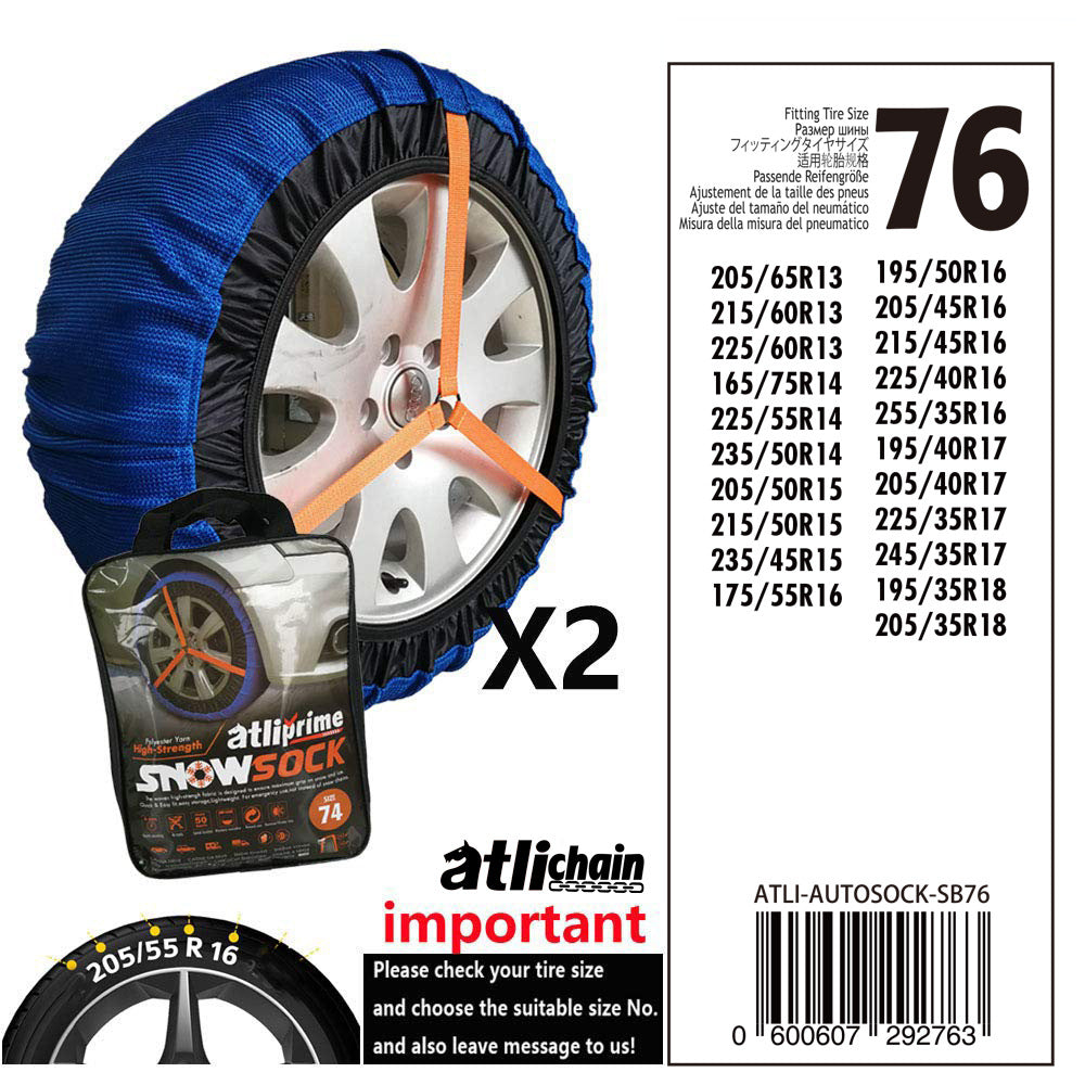 Textile snow sock for car tyres – size chart for size 76 with tyre list
