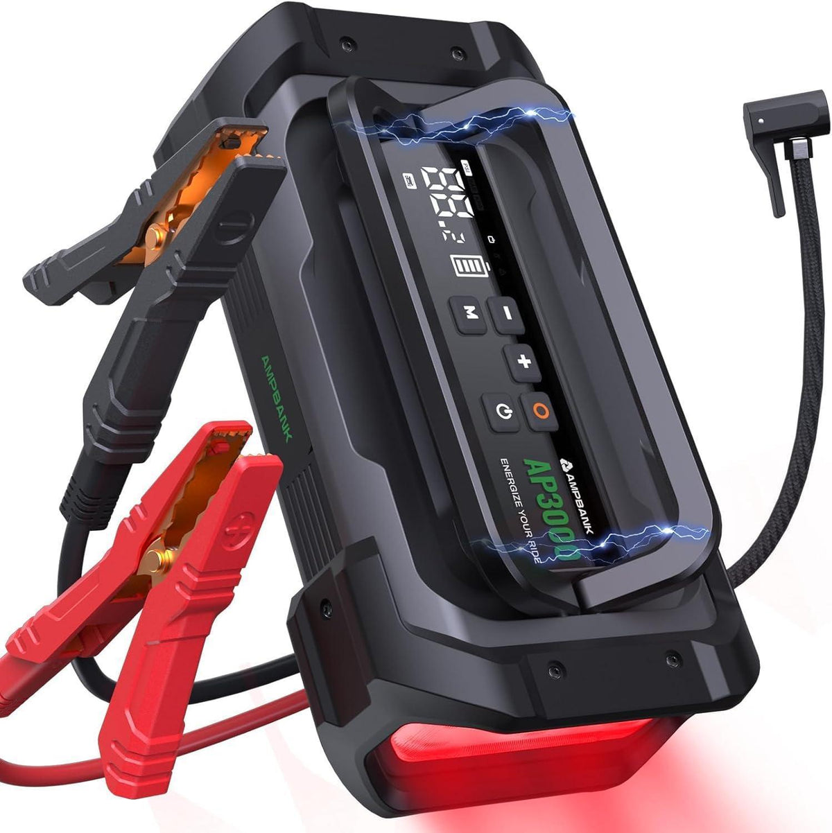 3000A Portable Car Emergency Starter Power Supply With Inflator Function 150PSI Digital Tire Inflator 12V Car Battery Charger With LED Lighting LCD Display - Black