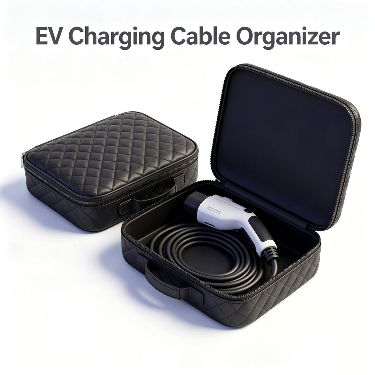 EV charging cable storage bag – open and closed bag with charging cable and connector