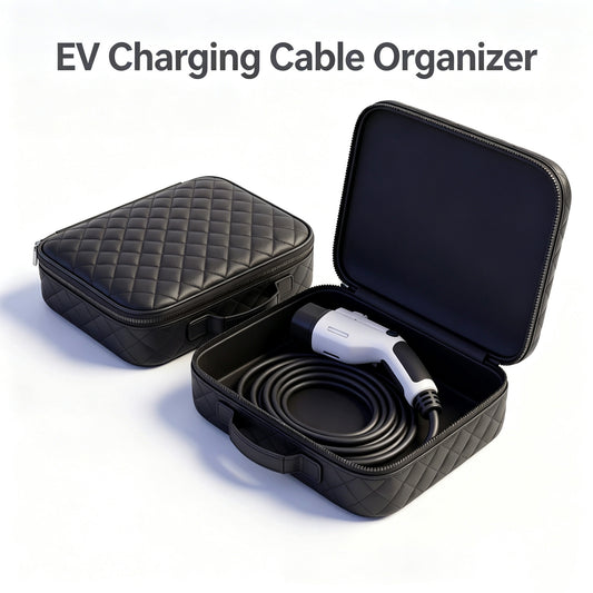 EV charging cable storage bag – open and closed bag with charging cable and connector