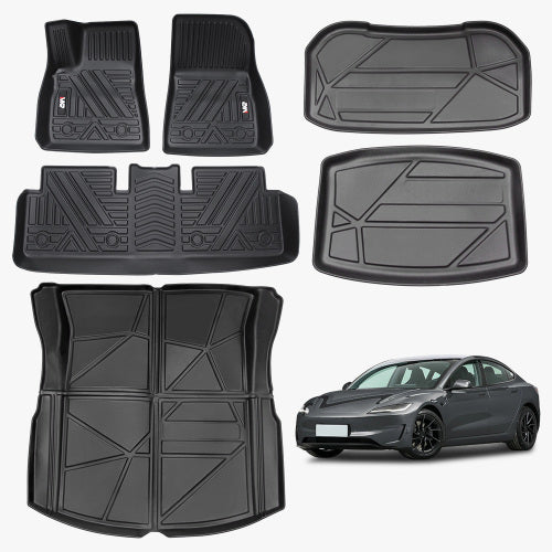 Odorless TPE Floor Mat For Tesla Model 3 2023-2025 6 PCS Waterproof Duty-Proof Fully Surrounded Floor Liner Protection Foot Pad - Black