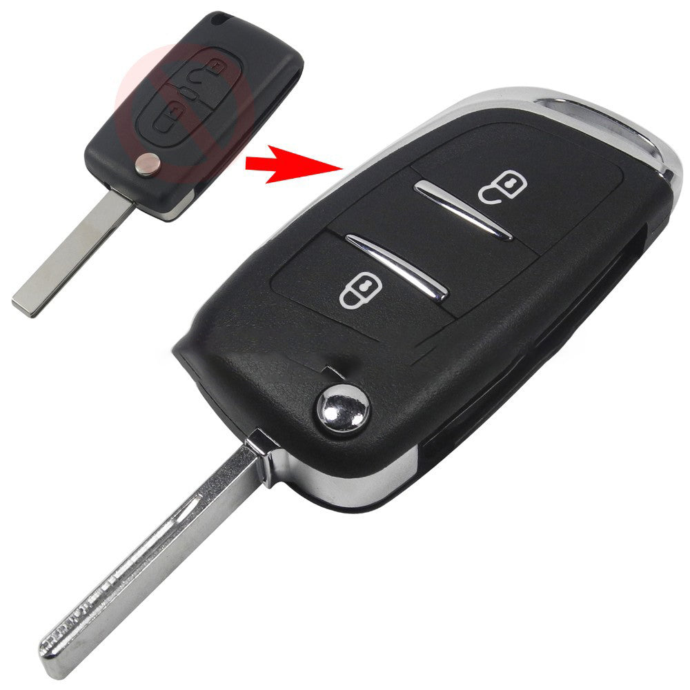 Replacement folding key shell for Citroën & Peugeot – before and after comparison with 2-button shell and old key